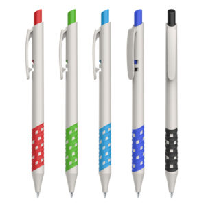 דמקה לבן - עט כדורי, גוף לבן עם גריפ ייחודי ובולט בשילובי צבעים